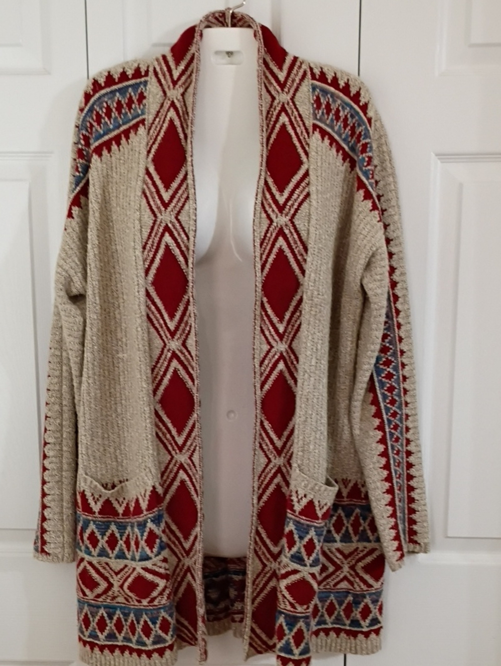 Lucky Brand Beige L/XL Open-Front Cardigan with Red & Blue Geometric Trim